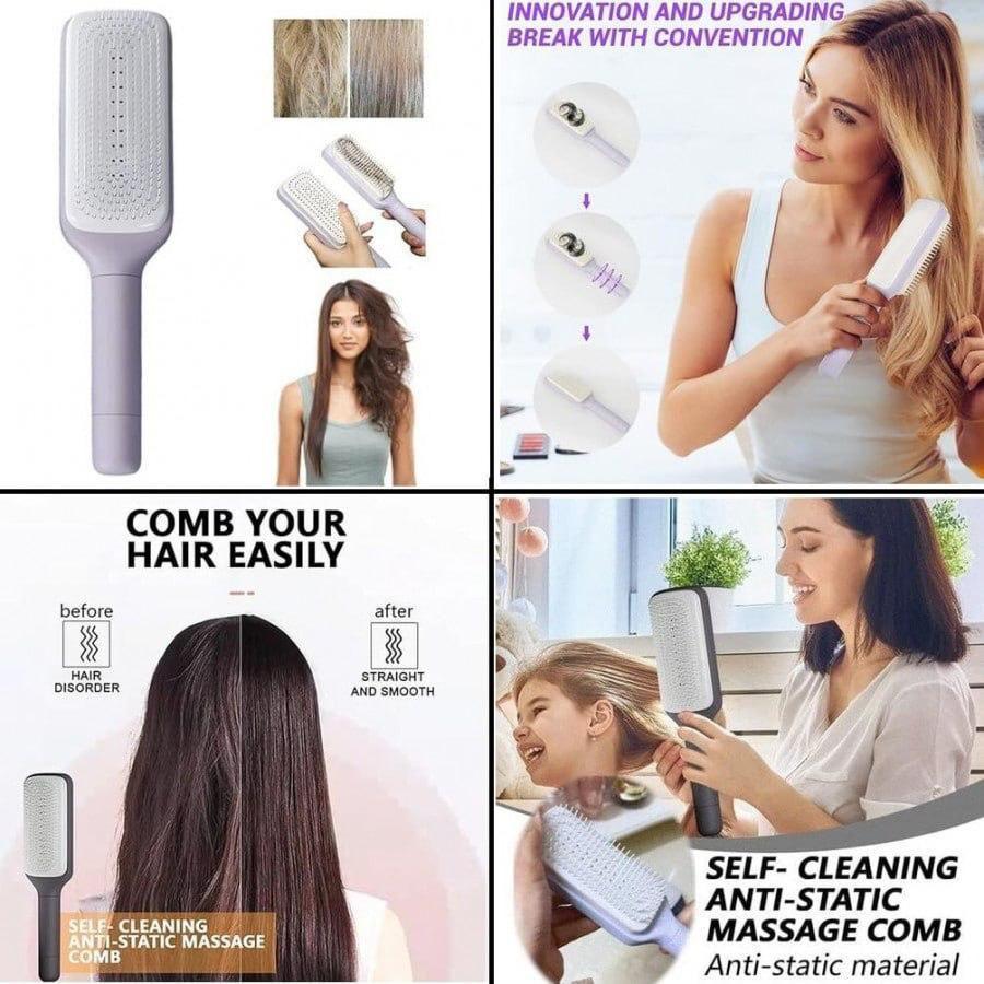 Self-cleaning anti-static massage hair comb by 18052, designed for adults and kids, featuring ergonomic handle and fine teeth.
