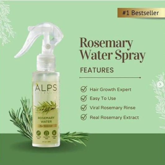 Bottle of 18074 Rosemary Water hair spray for regrowth, displayed with fresh rosemary sprigs. Hair care massage oil product image.