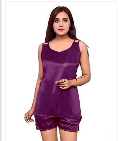 Purple satin nightdress set for women by 16822, stylish and comfortable womens nightdress with a smooth, shiny finish.