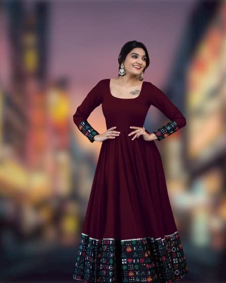 Women's rayon solid pattern full sleeve stitched gown with a full-length design and stylish detailing.