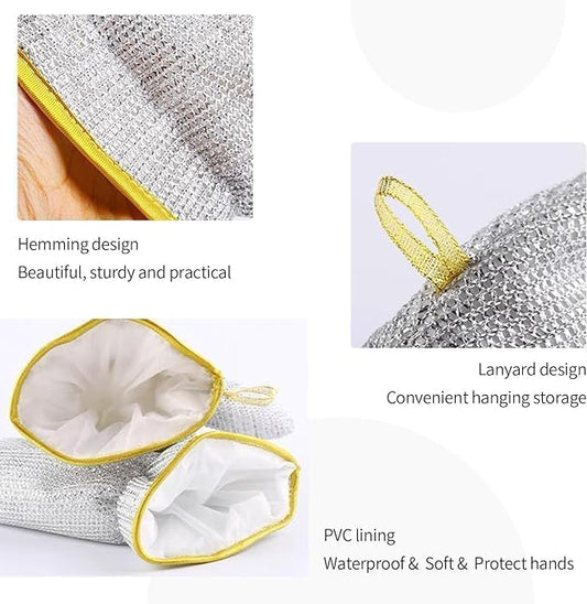 Steel cleaning gloves for dishwashing and scrubbing, durable hand gloves for tough kitchen cleaning tasks.