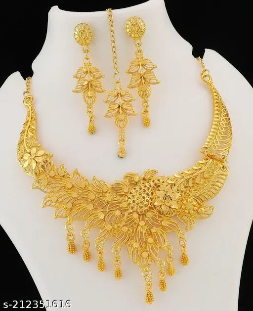 Gold jewelry set for women with necklace, earrings, and bracelet from the 19670 brand, elegant and stylish for special occasions.