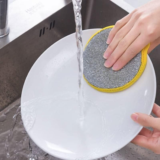 Set of five 2-in-1 stainless steel scrubbers with sponges, ideal for kitchen cleaning and scrubbing tasks.