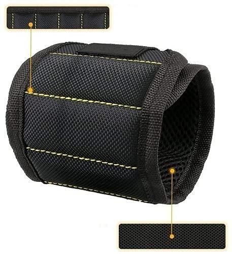 Magnetic wrist band for holding small metal accessories and tools, designed for power tool users, with adjustable strap and multiple magnets.