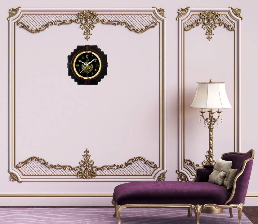 Brown analog wall clock with glass cover, featuring a classic round design and clear clock face for easy time reading.