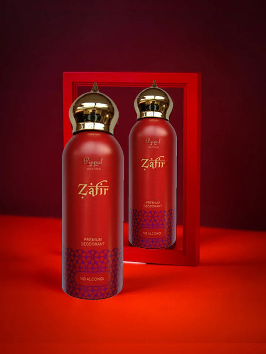 Two 200ml bottles of 6255 Zafir PREMIUM alcohol-free deodorant, showing sleek packaging and branding.