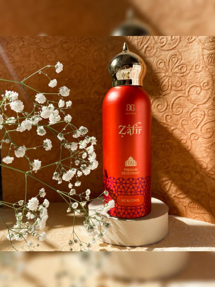 Two bottles of Zafir PREMIUM DEODORANT No Alcohol, 200ml each, featuring sleek packaging and brand label.