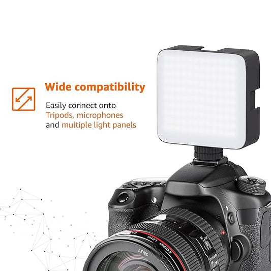 22927 camera video light with clip, 120 LED beads, cold shoe connectors, dimmable brightness, rechargeable battery, flash light.