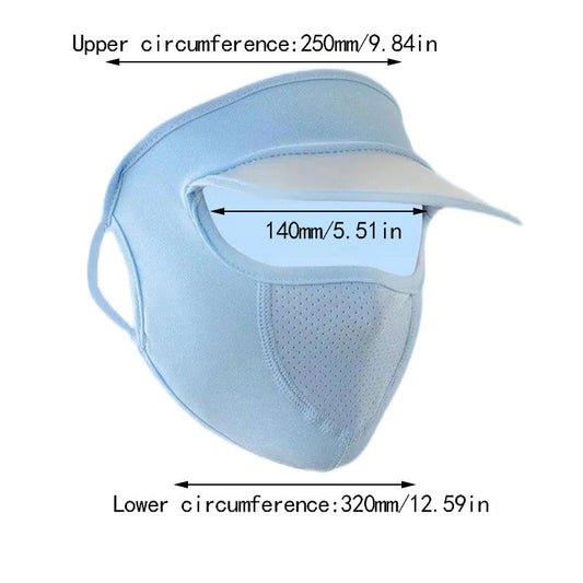 Cloth face mask with brim and UV protection visor, made of ice silk fabric, designed for sun protection and face coverage.