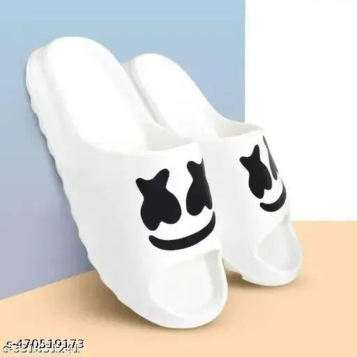 White Smiley Slides slippers by 1765 featuring a cheerful smiley face design, casual slip-on footwear for comfortable wear.