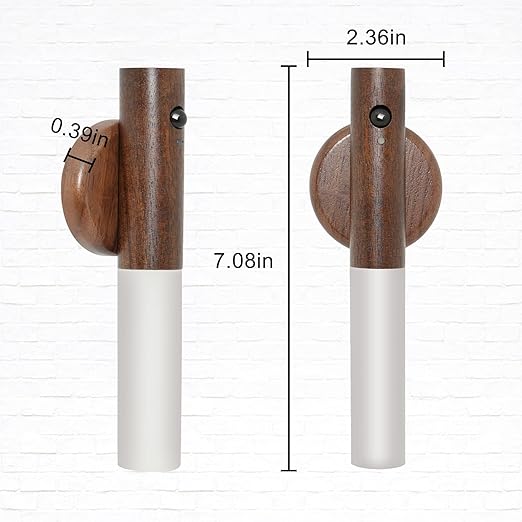 Brown glass and wood motion sensor LED night light, wireless battery-operated wall light for corridors, stairs, and bedrooms.