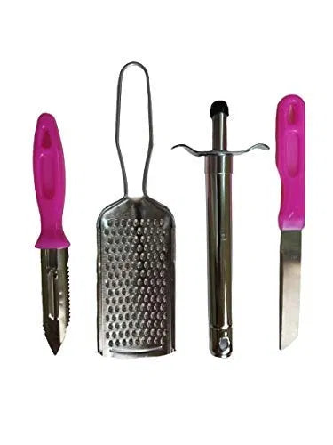 Four-piece 18057 kitchen set with peeler, cheese grater, gas lighter, and knife for daily utility and multipurpose kitchen use.