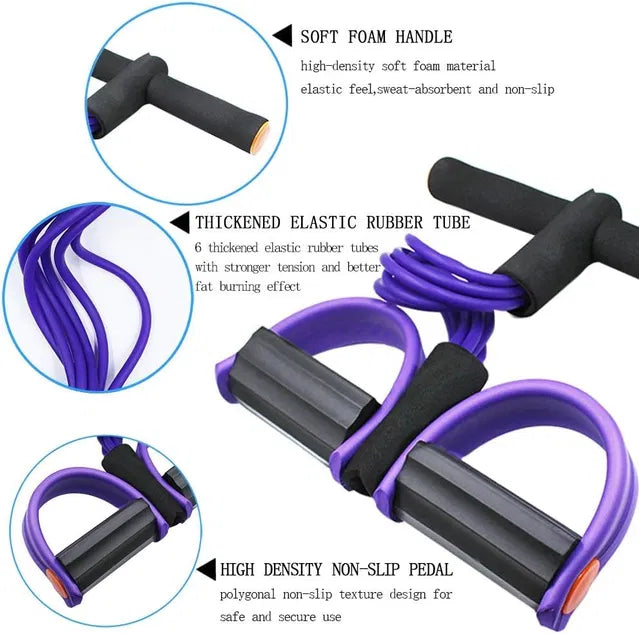Four-tube resistance band set by 18075 for yoga, Crossfit, and body building exercises targeting abdomen, waist, arms, and legs.
