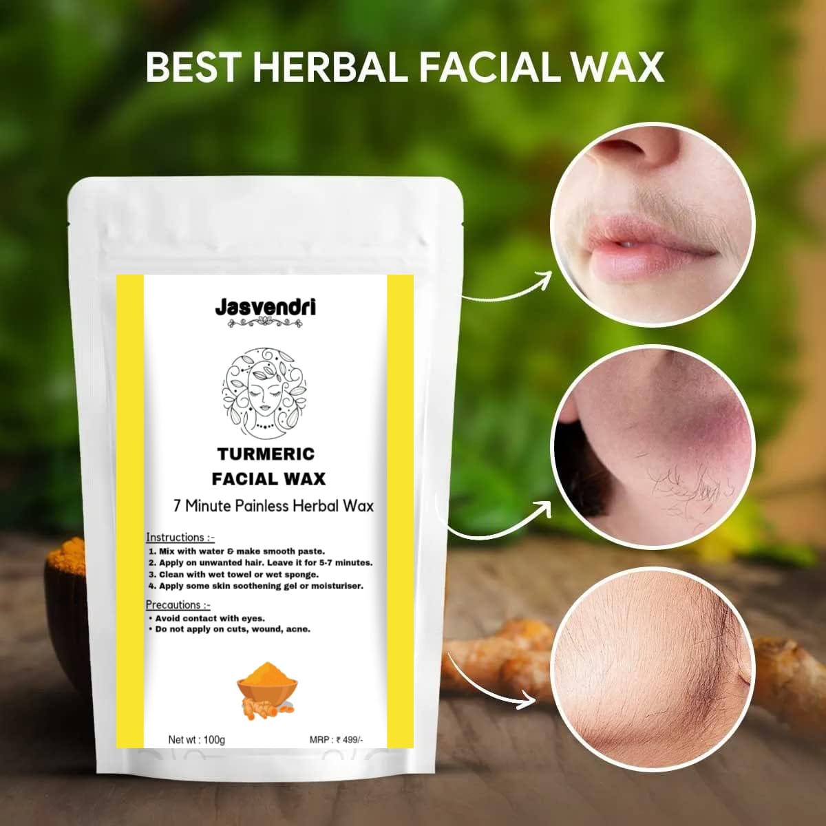 White turmeric facial wax powder for painless 7-minute hair removal, 100g herbal body wax and strips by 18223.