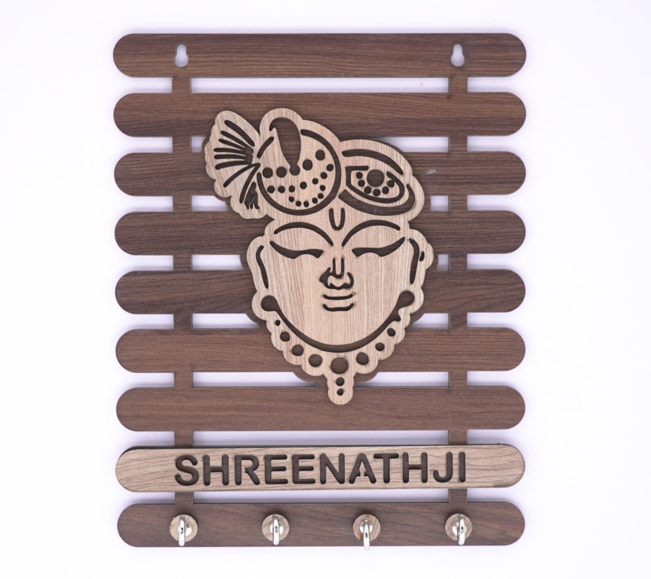 Brown ShreenathJi wooden keyholder with intricate carvings, designed for organizing keys in a stylish and spiritual way.