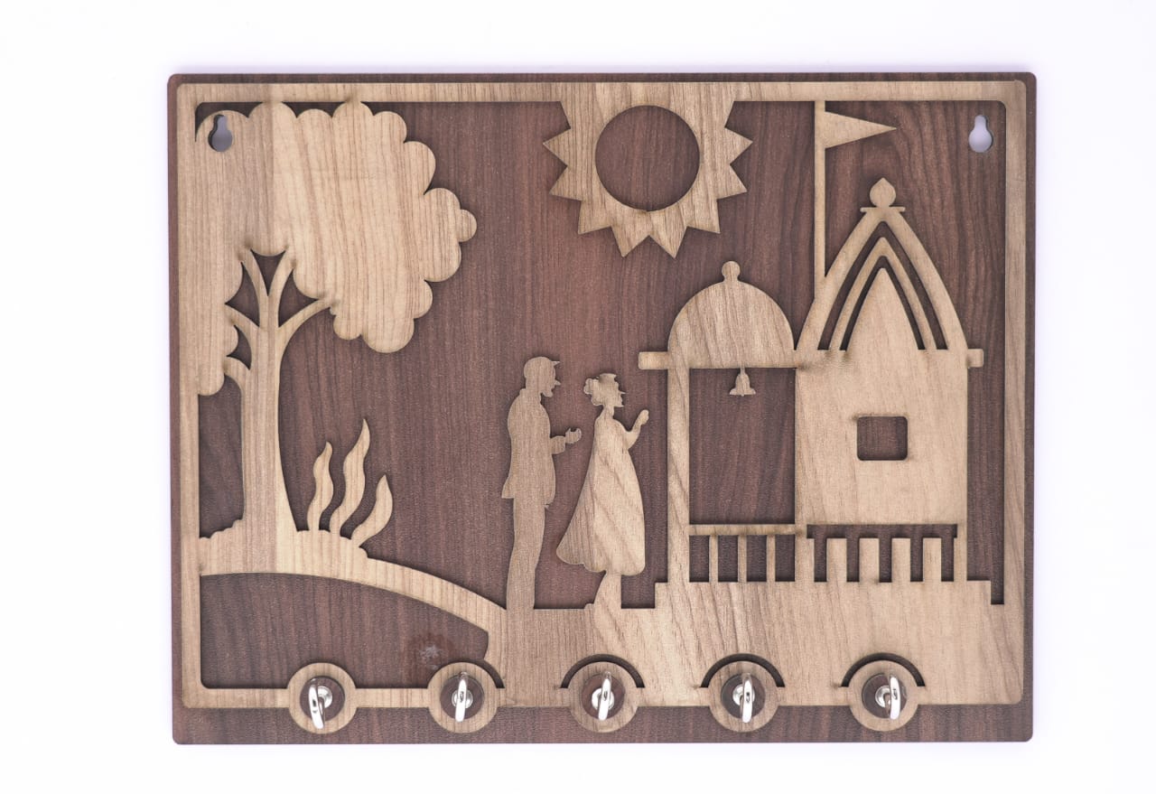 Brown wooden temple-shaped keyholder with hooks for keys, crafted by 18309, ideal for organizing keys at home or office.