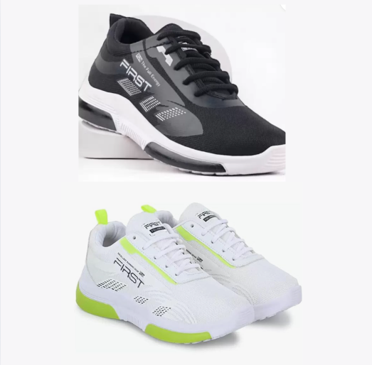 Pair of men's sports shoes in white and black from 18549, displayed side by side for active wear and athletic performance.