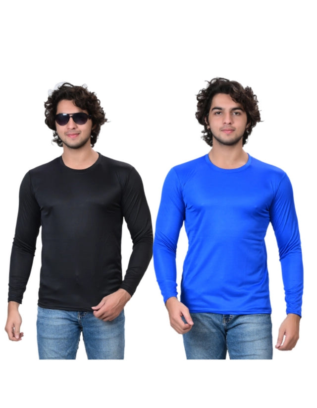 Pack of two men's solid round neck T-shirts in black and royal blue, size S, by 18594, displayed flat.