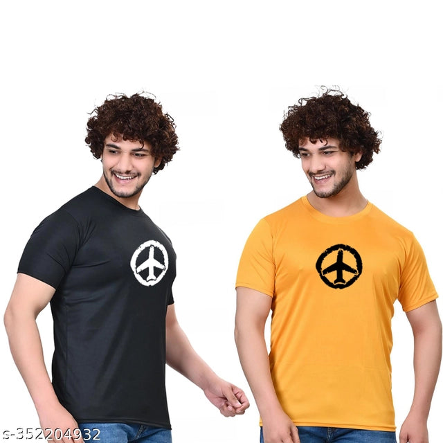 Pack of two men's cotton blend round neck printed T-shirts in black and yellow, size S, featuring bold graphic designs.