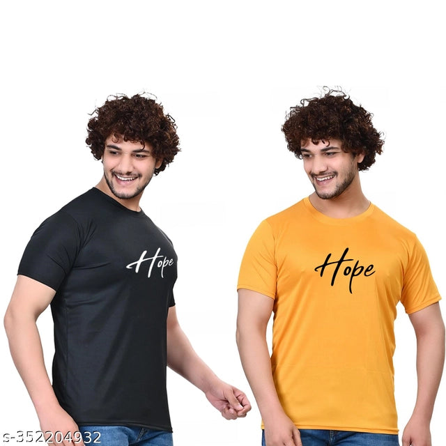 Pack of 2 men's round neck printed T-shirts in black and yellow, size S, featuring stylish graphic designs.