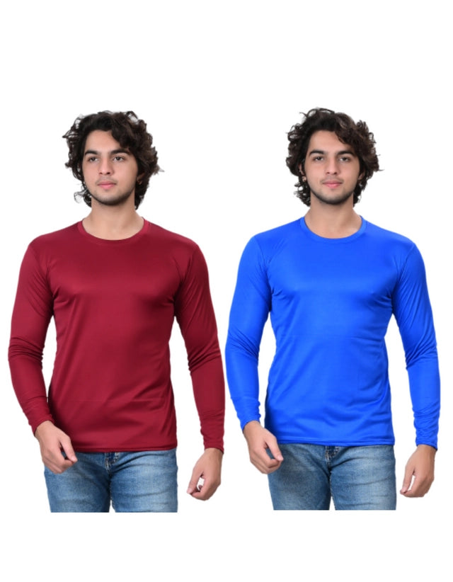 Pair of men's solid round neck T-shirts in blue and maroon, size S, from 18594, shown laid flat with fabric details visible.