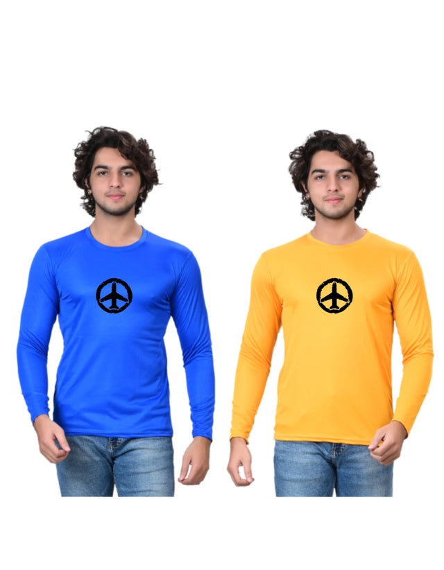 Pack of two men's cotton blend round neck printed T-shirts in blue and yellow, size S, by 18594.