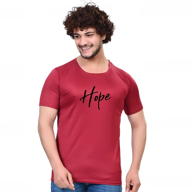 Maroon men's round neck printed T-shirt from 18594, casual short-sleeve T-shirt with graphic design, size small.