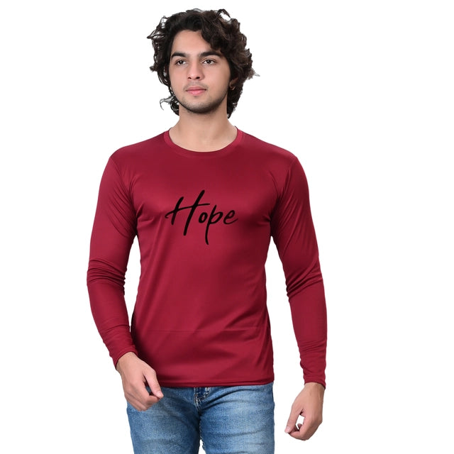 Maroon men's round neck printed T-shirt from 18594, casual T-shirt with graphic design, size small, comfortable fit.