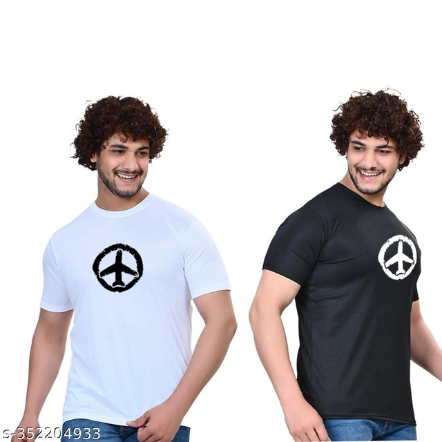 Pack of two men's cotton blend round neck printed T-shirts in white and black, size S, featuring casual design and branding.