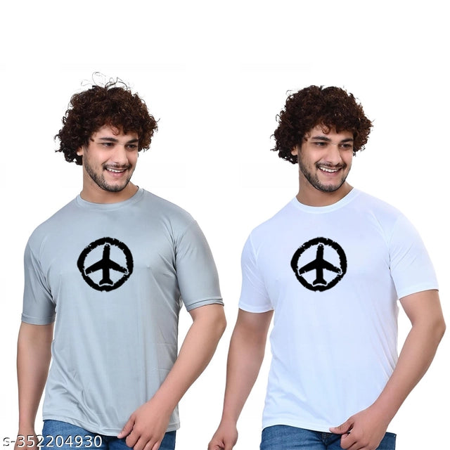 Pack of two men's cotton blend round neck printed T-shirts in white and grey, size S, featuring casual design and soft fabric.