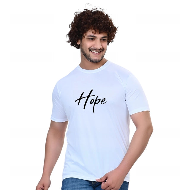 White men's round neck printed T-shirt from 18594, casual fit with graphic design, size small, lightweight and comfortable fabric.