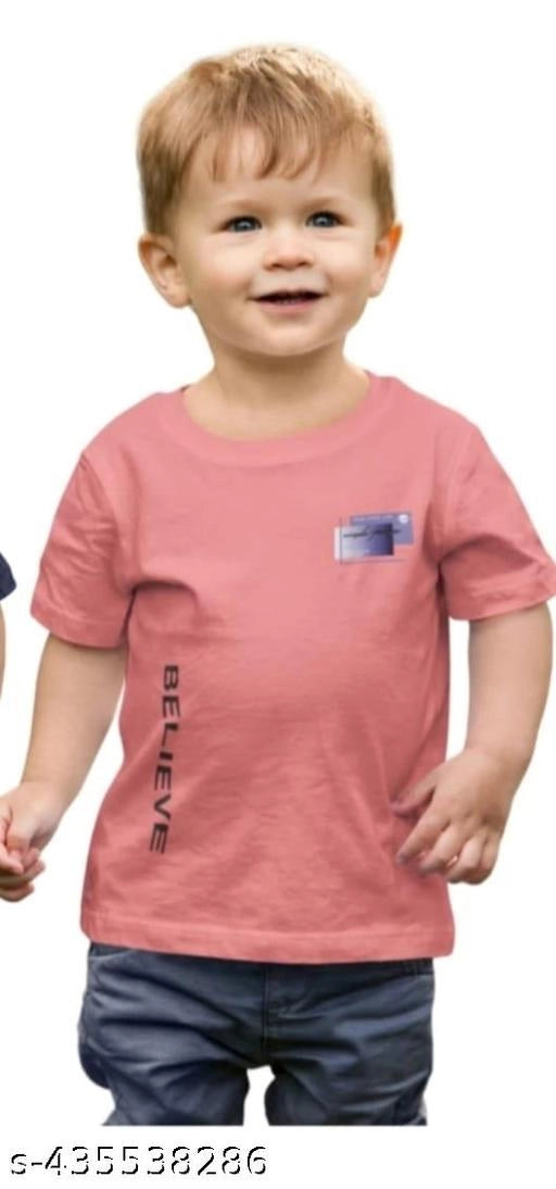 Cotton blend round neck printed T-shirt for boys in peach, size 3-4 years, featuring colorful graphic design.