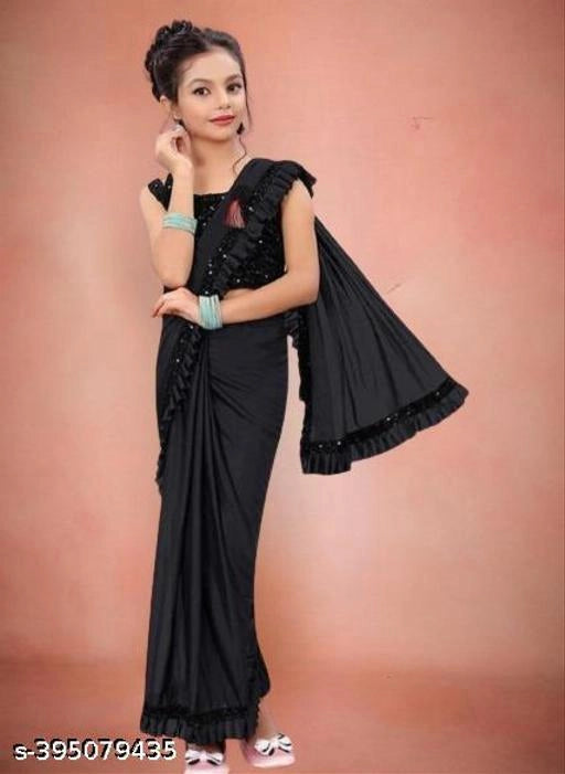 Black Lycra solid saree for girls aged 3-4 years, featuring smooth fabric and traditional style, from brand 18624.