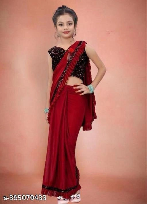 Red Lycra solid saree for girls age 3-4 years, featuring a traditional design and comfortable fabric, by 18624.