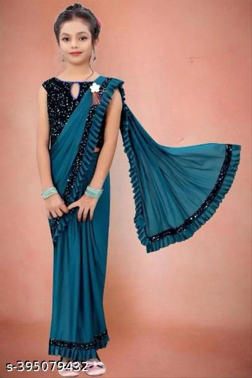 Teal Lycra solid girls saree for ages 3-4 years, featuring smooth fabric and traditional style, perfect for young girls.