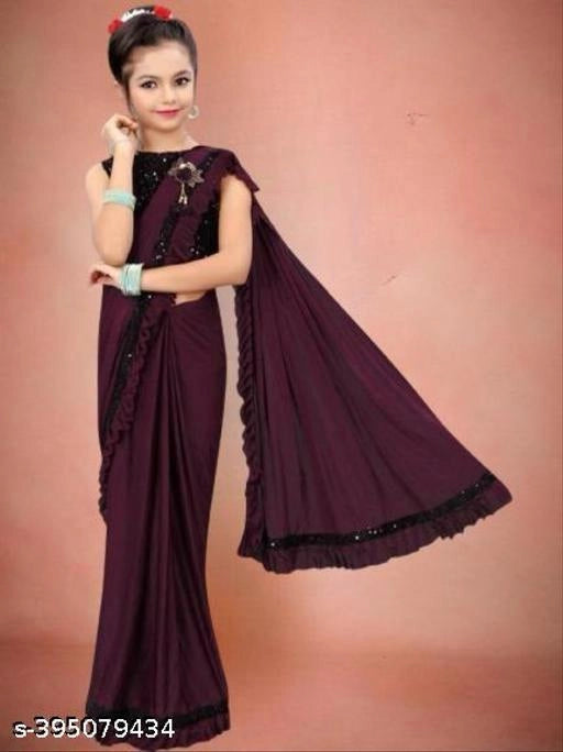 Lycra solid saree for girls in wine color, suitable for ages 3-4, with a comfortable and elegant design.