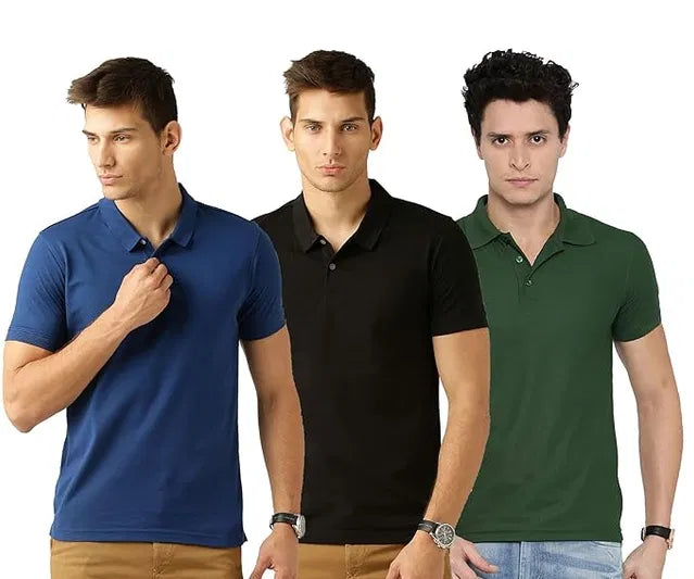 Set of three men's cotton polo T-shirts in multicolor by 18666, casual shirts with classic collar and short sleeves.