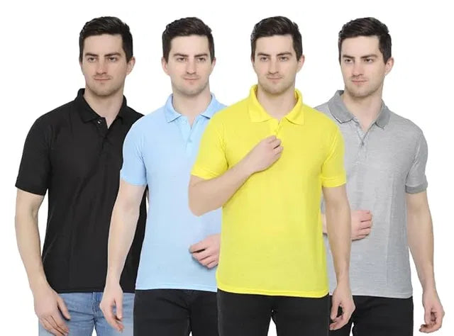 Set of four men's Cotton Polo T-Shirts by 18666 in multicolor, made from soft, breathable cotton fabric for casual style.