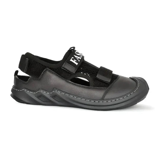 Black leather men's sandal from brand 18894 with adjustable straps and cushioned sole, suitable for casual summer wear.