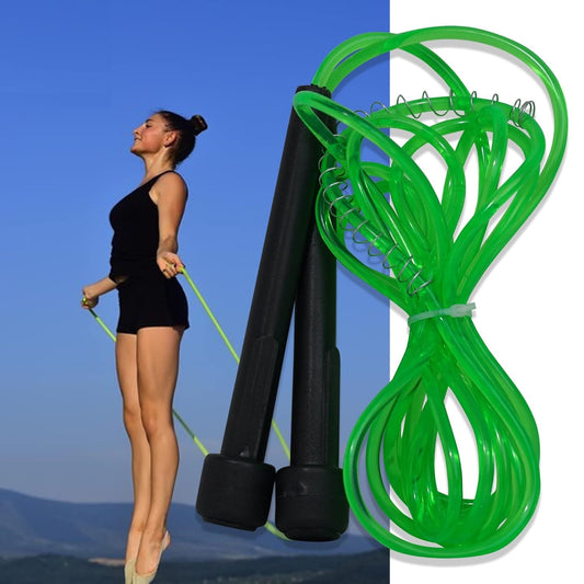 Green premium sports speed skipping rope with PVC handles, multicolor pencil design, ideal for men, women, boys, and girls.