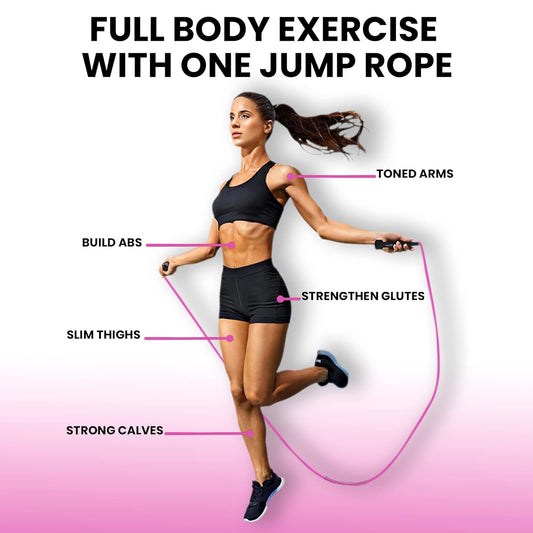 Pink premium sports speed skipping rope with PVC handles, multicolor pencil design, suitable for men, women, boys, and girls.
