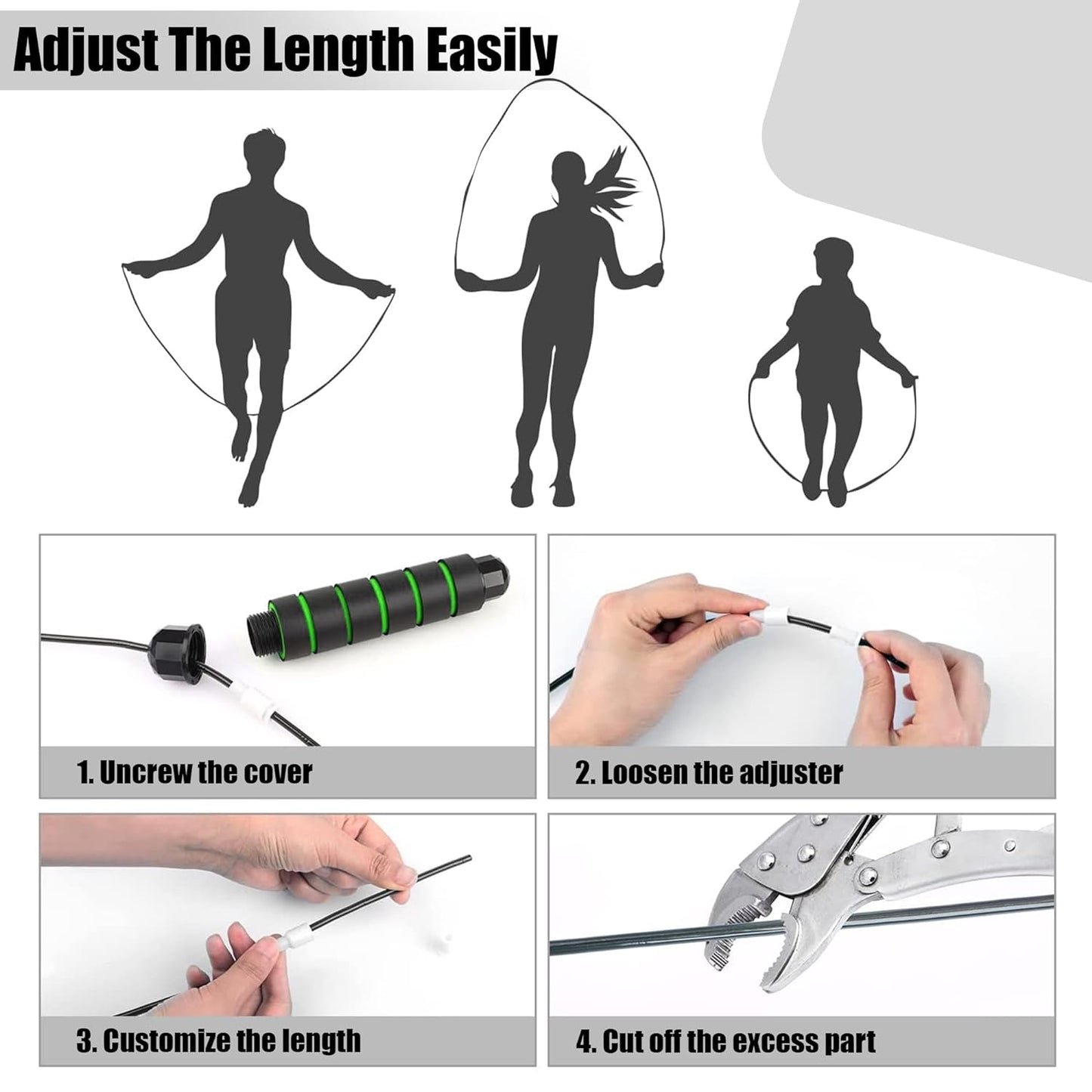 Premium sports speed skipping rope with black and green PVC handles, multicolor PVC pencil design, ideal for men, women, boys, and girls.