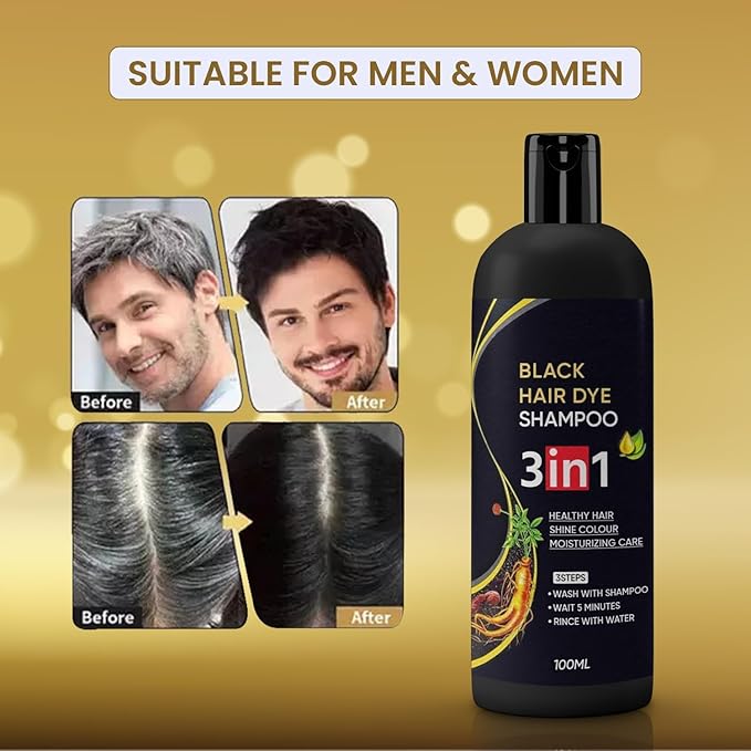 Herbal 3-in-1 black hair dye shampoo for women and men, organic formula, 100ml bottles, pack of 2, suitable for instant black hair coverage.