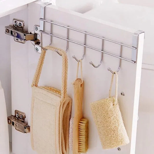 Stainless steel over-the-door wall hook hanger with a sleek design, suitable for organizing coats, hats, and bags.