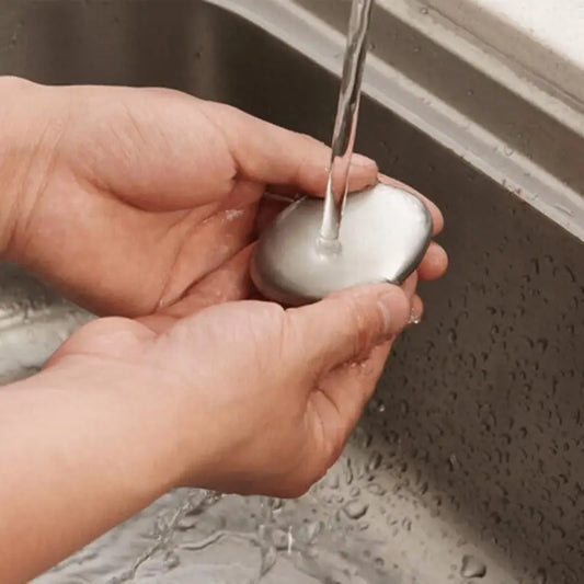 Stainless steel odor remover hand bar from 19378 kitchen tool set, designed to eliminate strong odors from hands effectively.