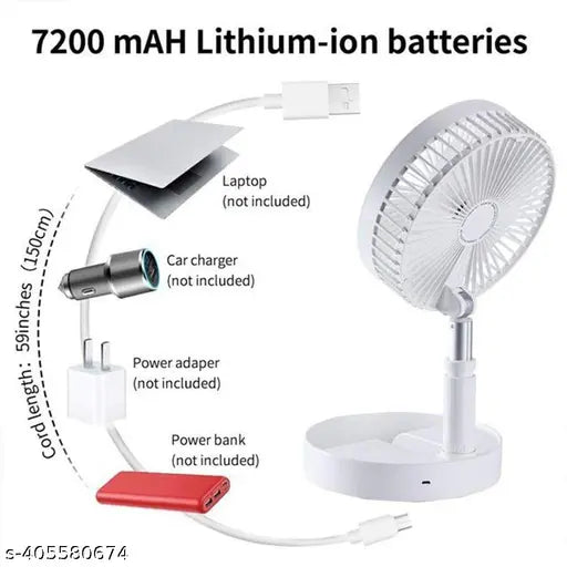 USB rechargeable mini desk fan by 19381, foldable and portable with telescopic height adjustment for desktop cooling.