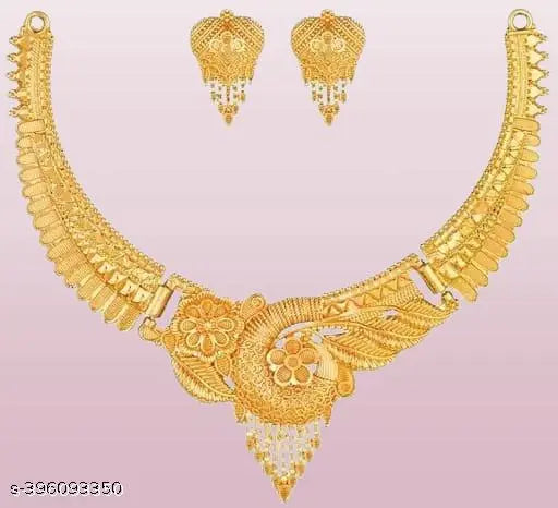 Golden jewellery set for women featuring earrings and necklace, designed by 19670, with a stylish and elegant look.