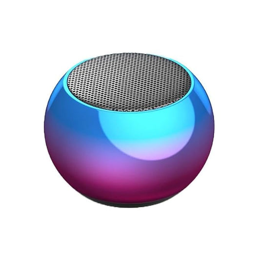Multicolor Mini Boost 4 Bluetooth speaker with 4D sound, electroplated round steel design, compact portable audio device.