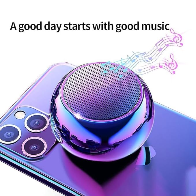 Multicolor Mini Boost 4 Bluetooth speaker with 4D sound, electroplated round steel design, compact portable audio device.