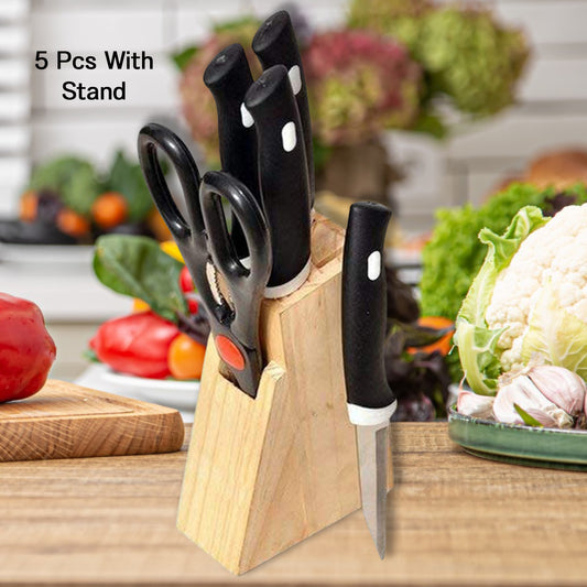 Wukusy 5-piece kitchen knife set with black handles, wooden block, and scissors displayed on a countertop.
